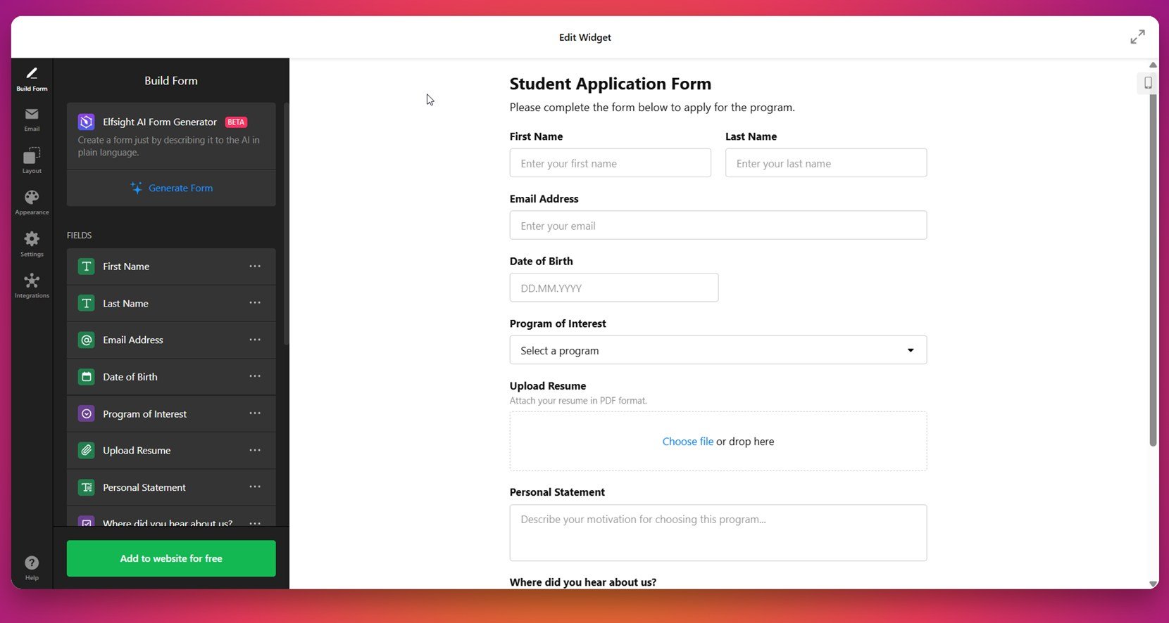 Customize the form's fields