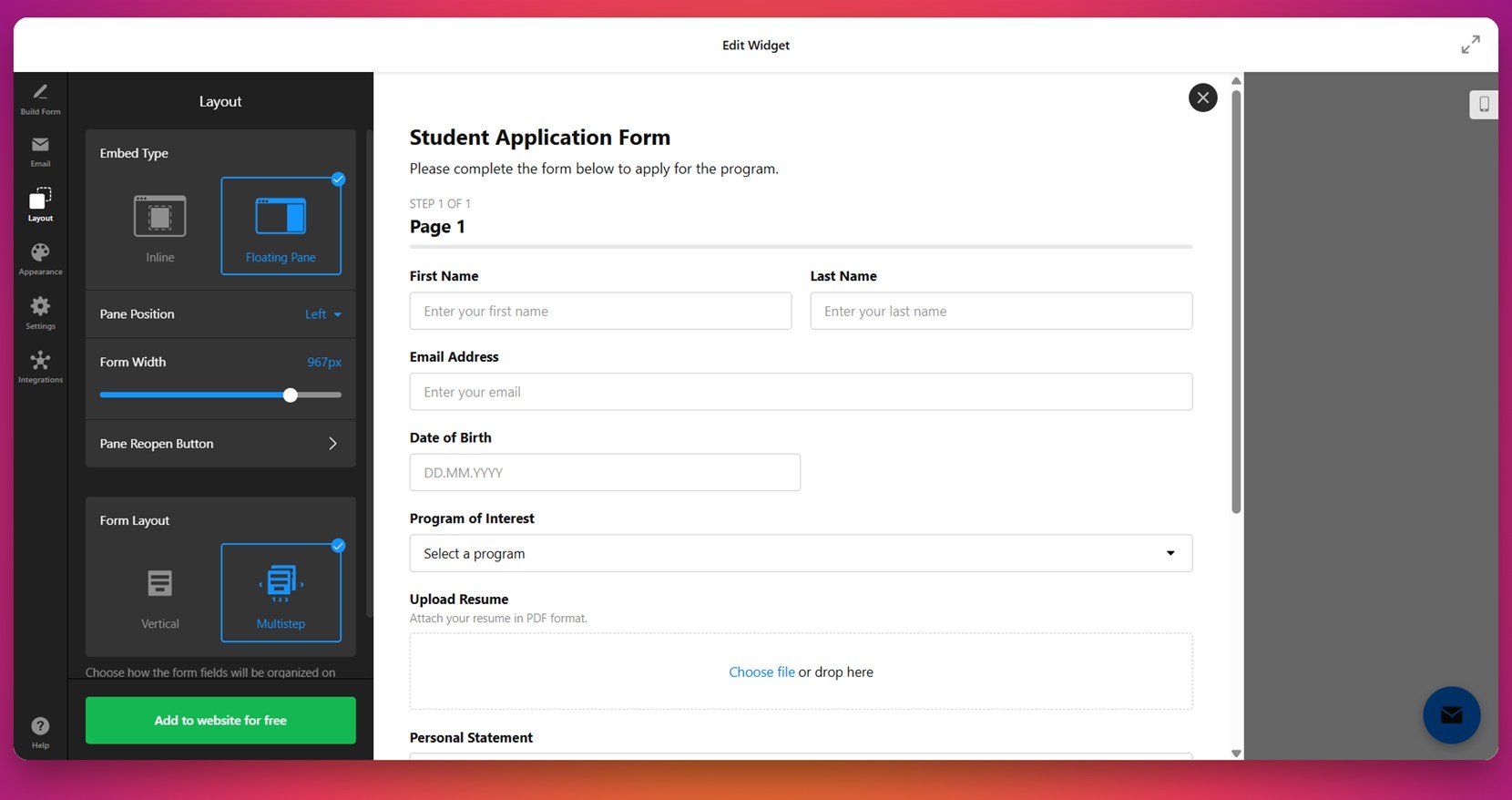 Pick a form's layout