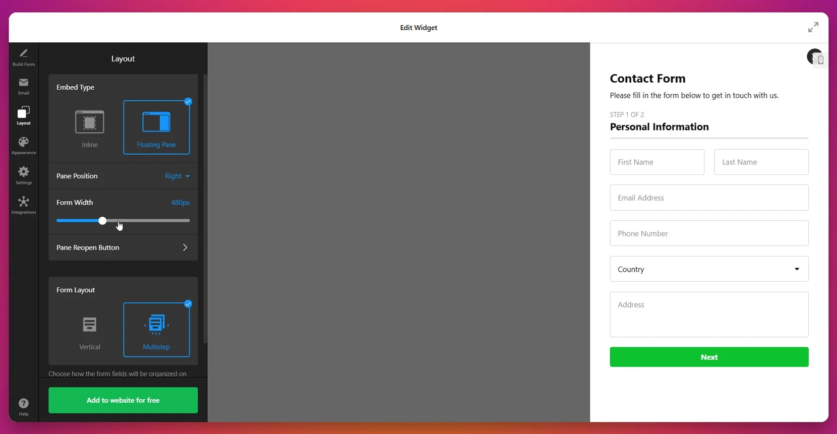 Select the layout for your form