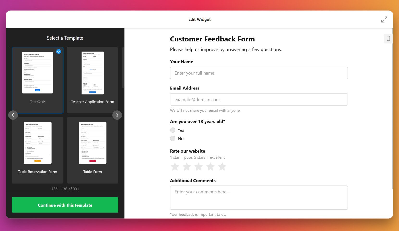 Pick a widget template