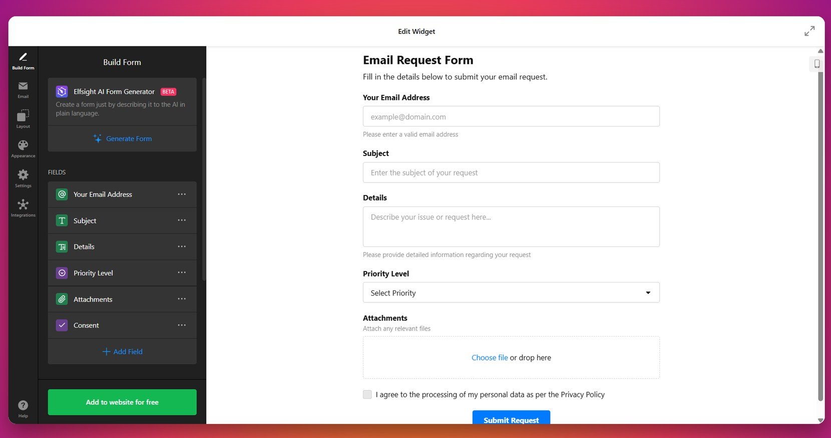 Create the form's fields