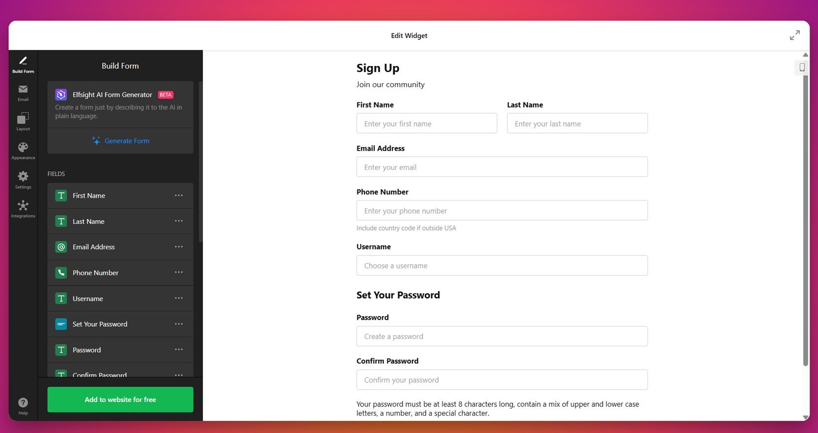 Create the form's fields