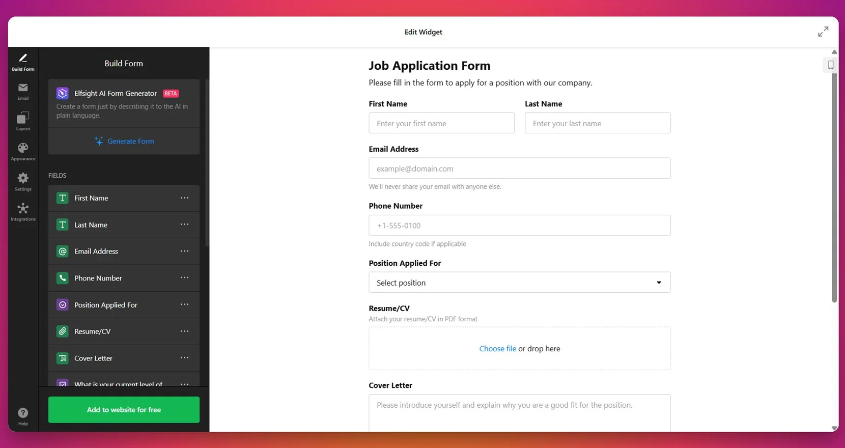 Create form fields
