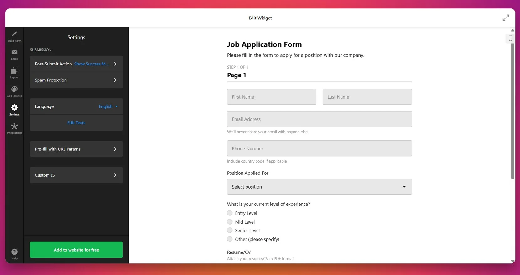 Customize form settings