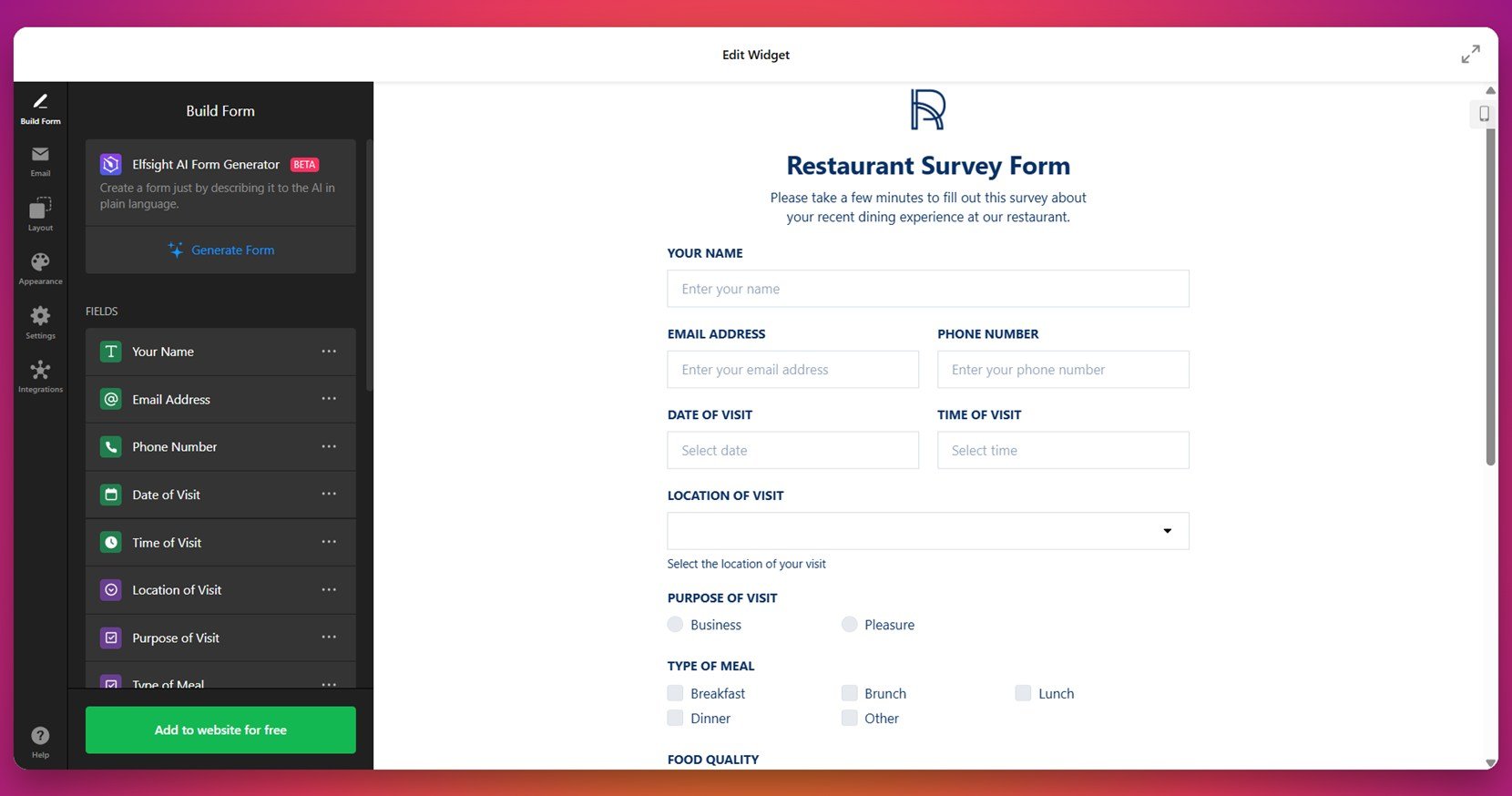 Restaurant feedback form example