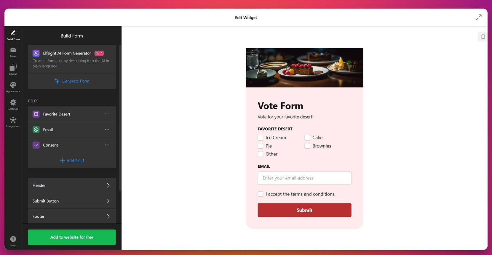 Vote form sample for websites