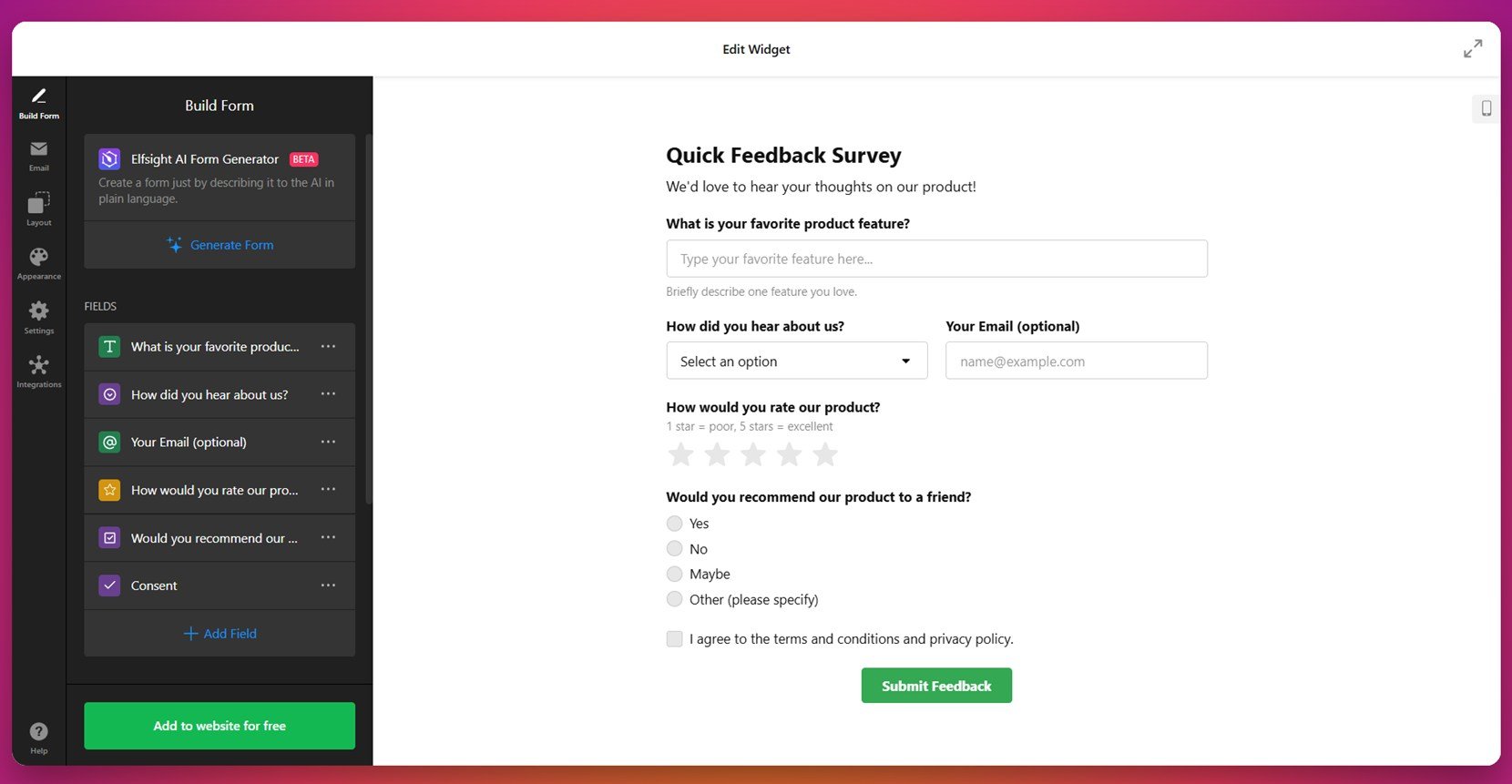 Popup survey form sample