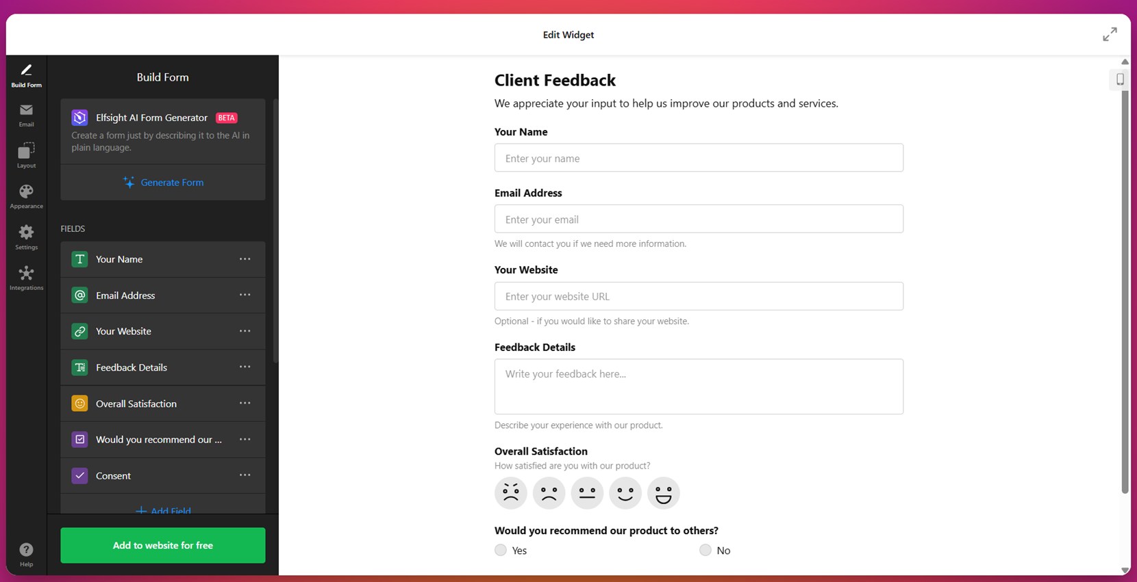 Website form example with clean layout