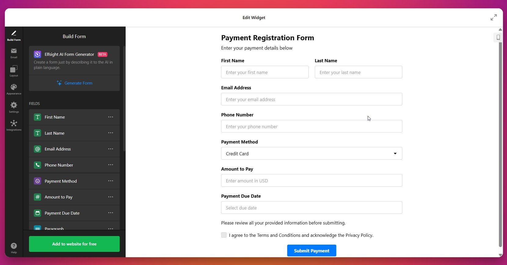 Website form example