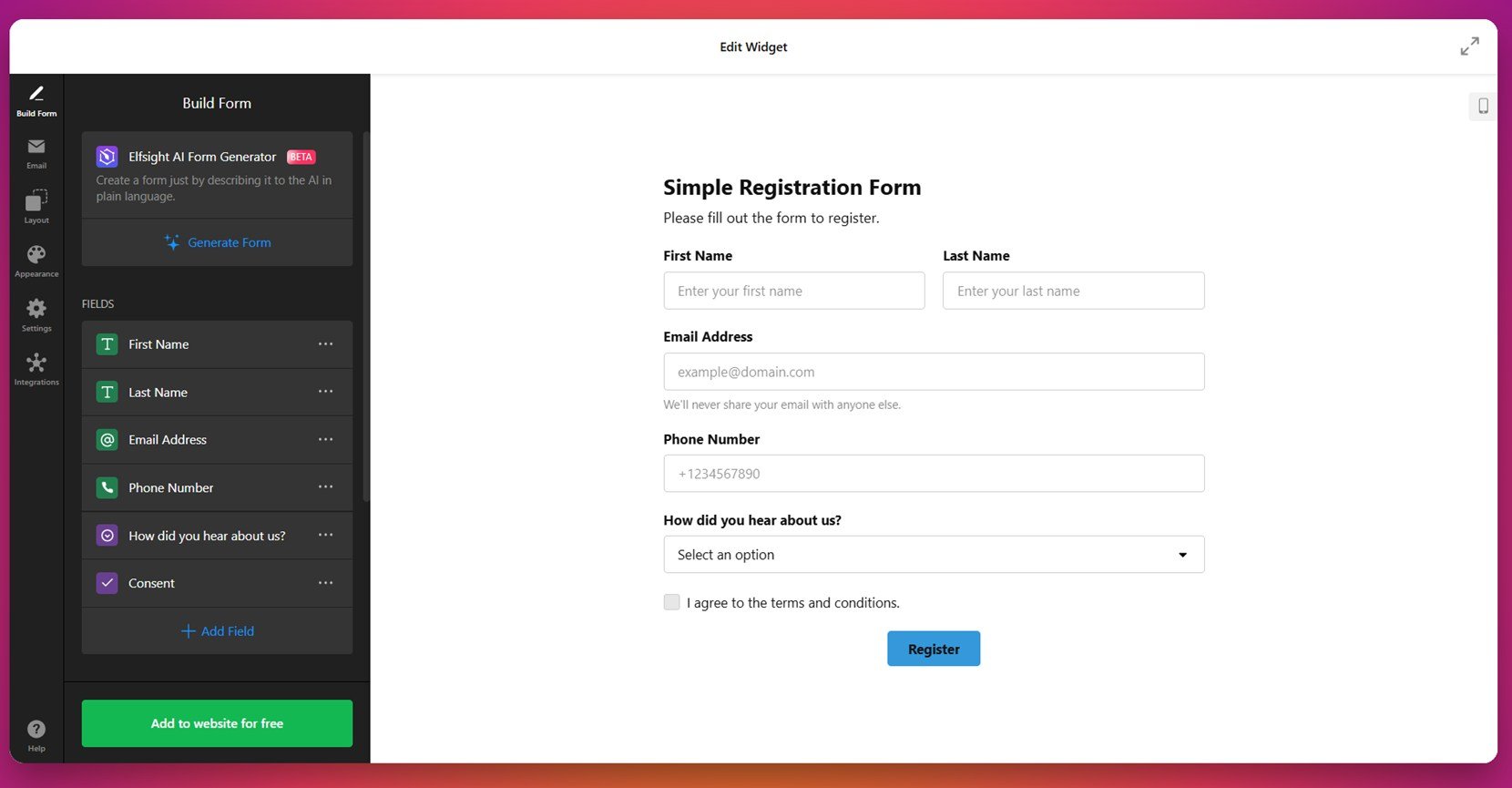 Minimal website form sample