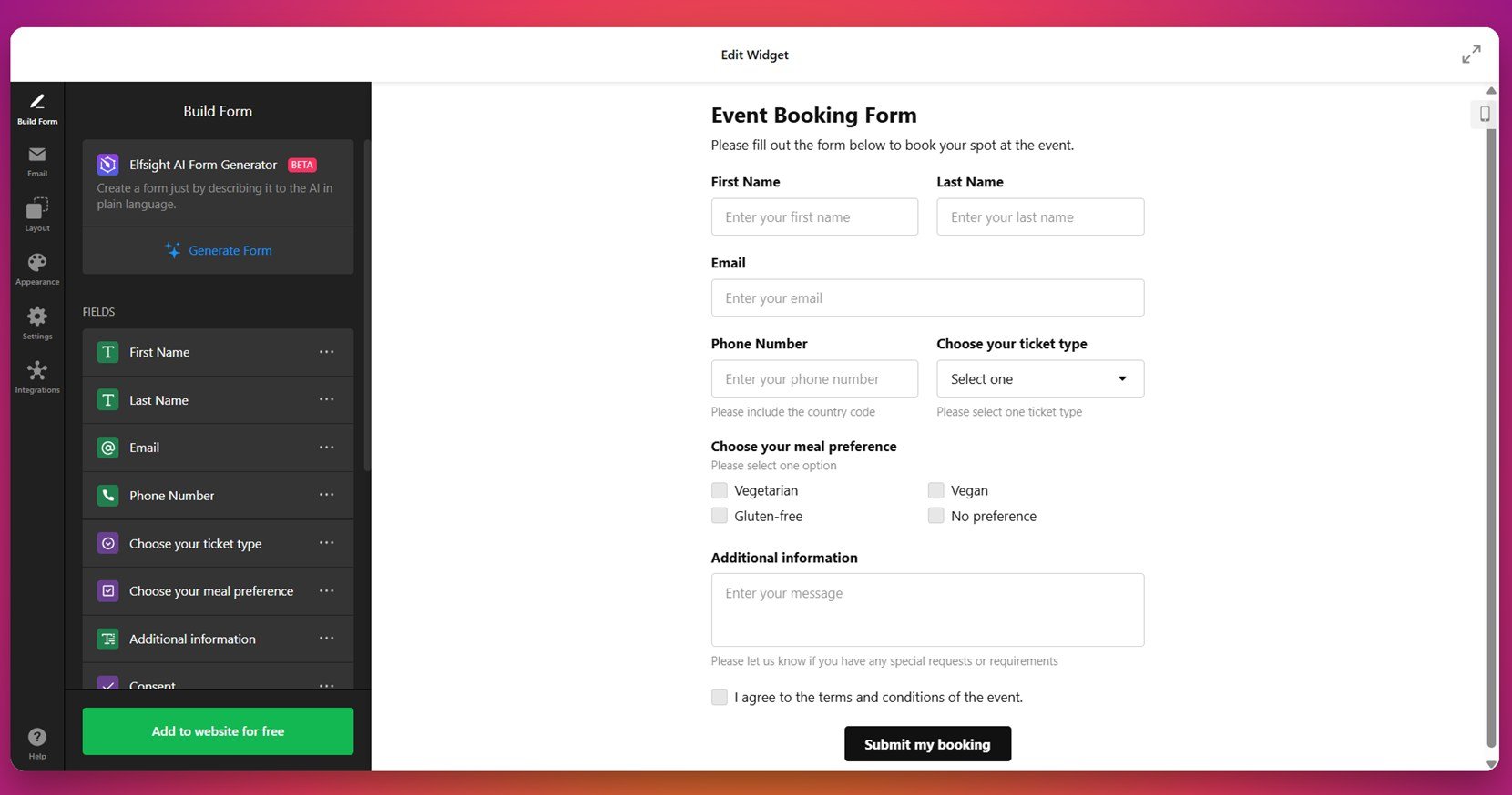 Clean booking form example