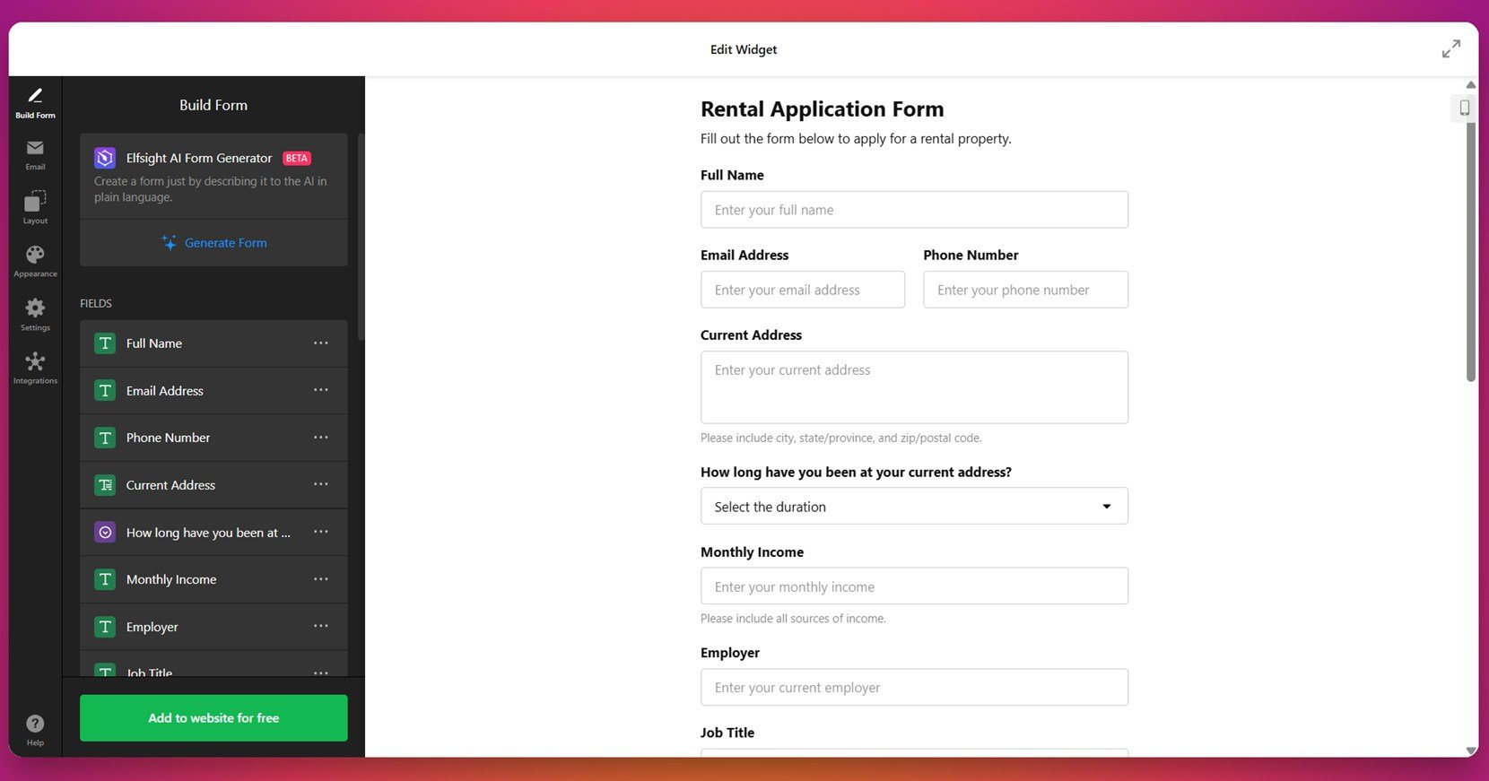 Website form example for feedback