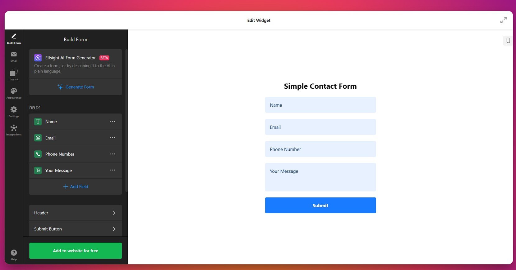 Basic contact form with message field