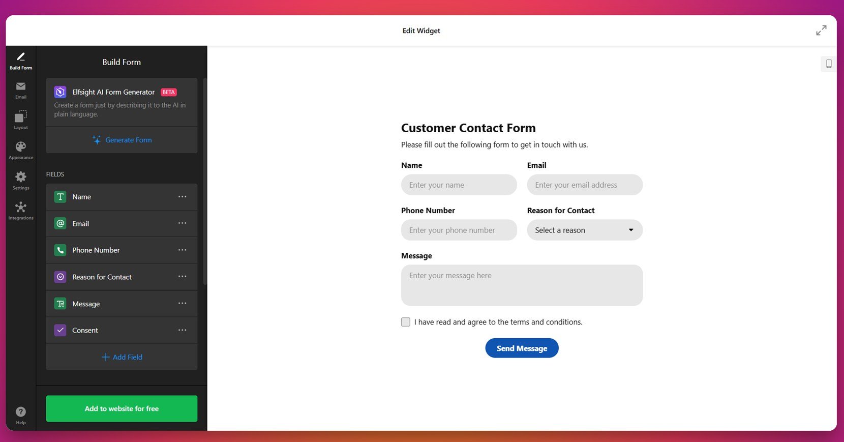 Customer form with subject and phone