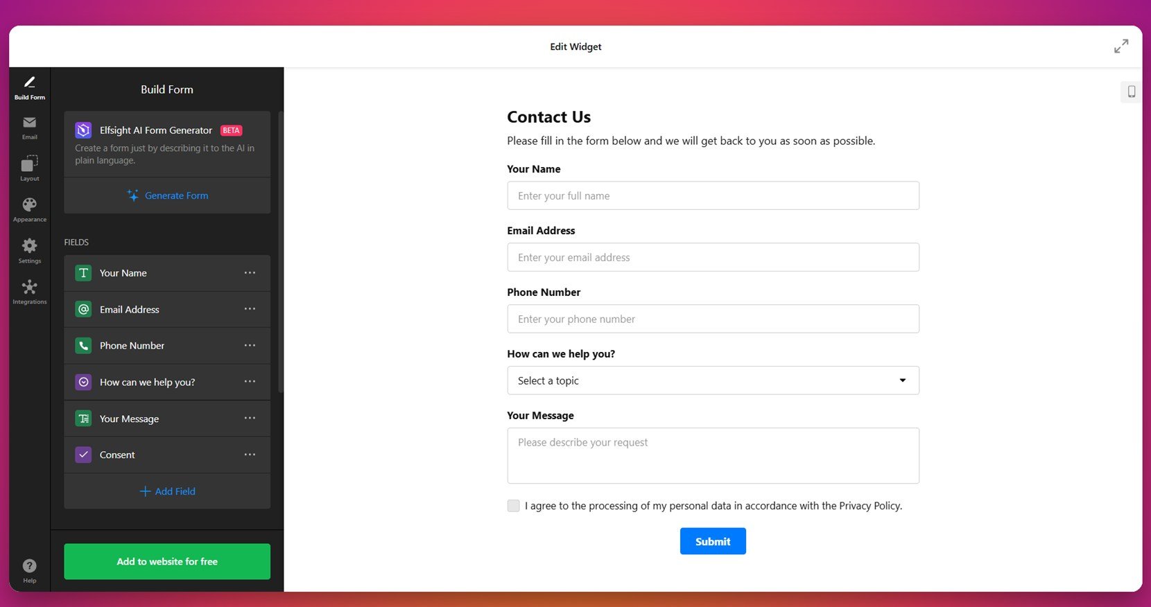 Dropdown contact form for inquiries