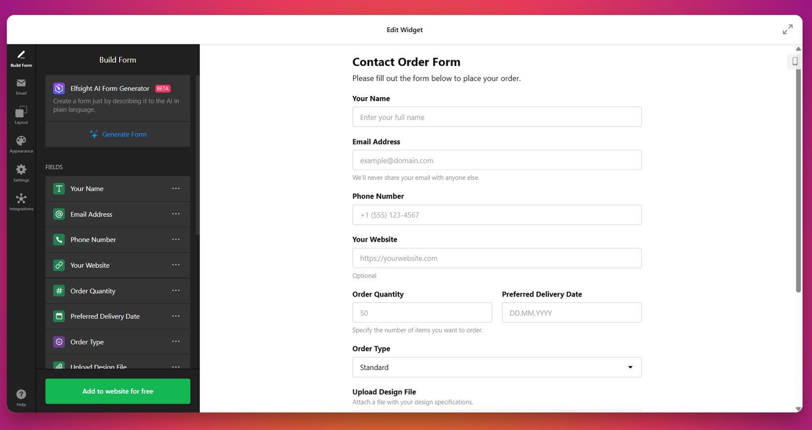 Order form with product and quantity