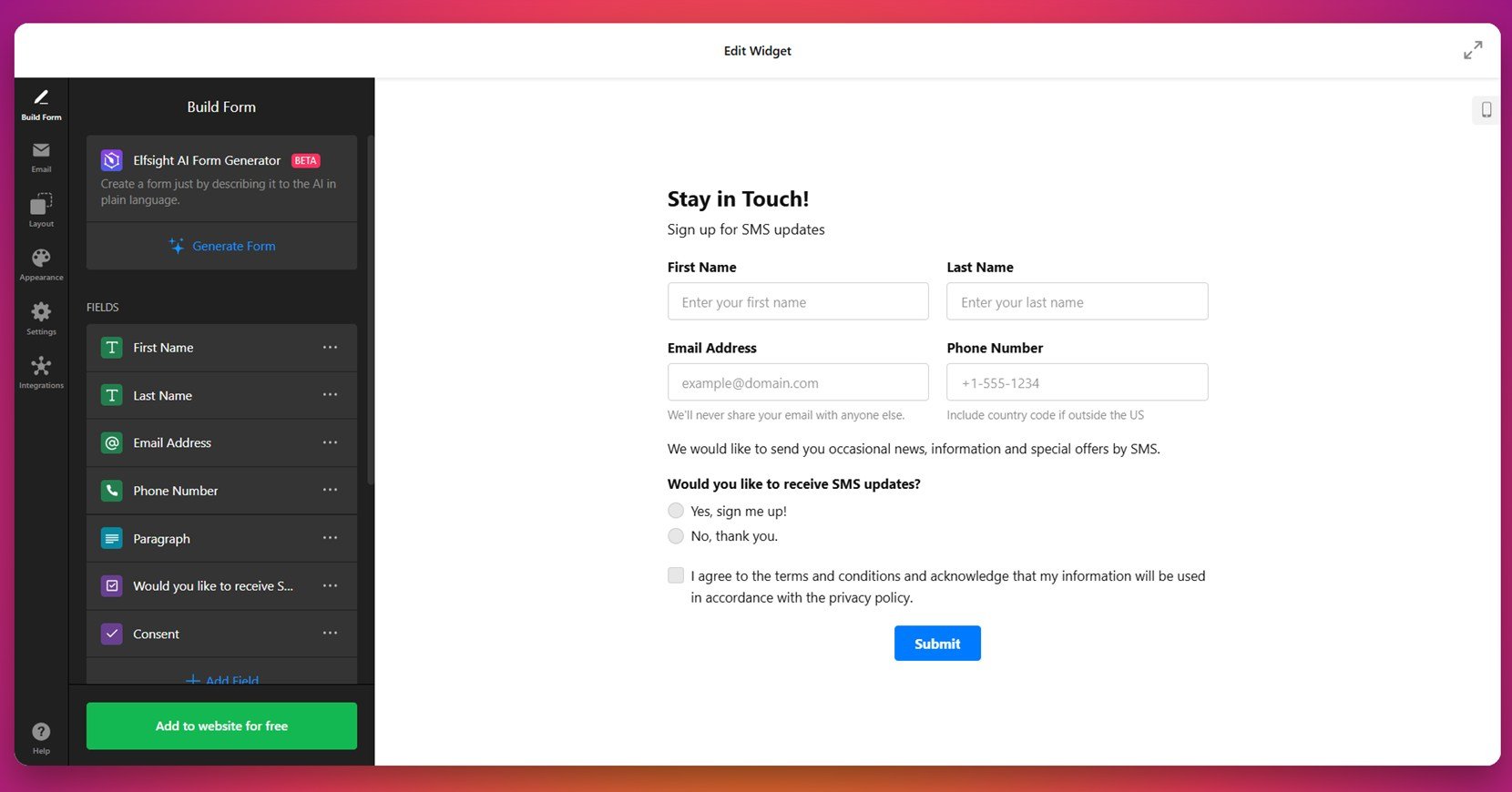 SMS-enabled contact form interface