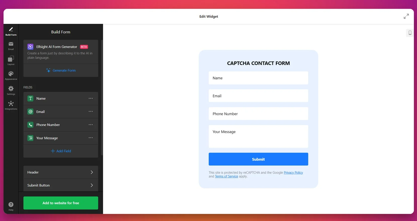 Contact form with CAPTCHA security