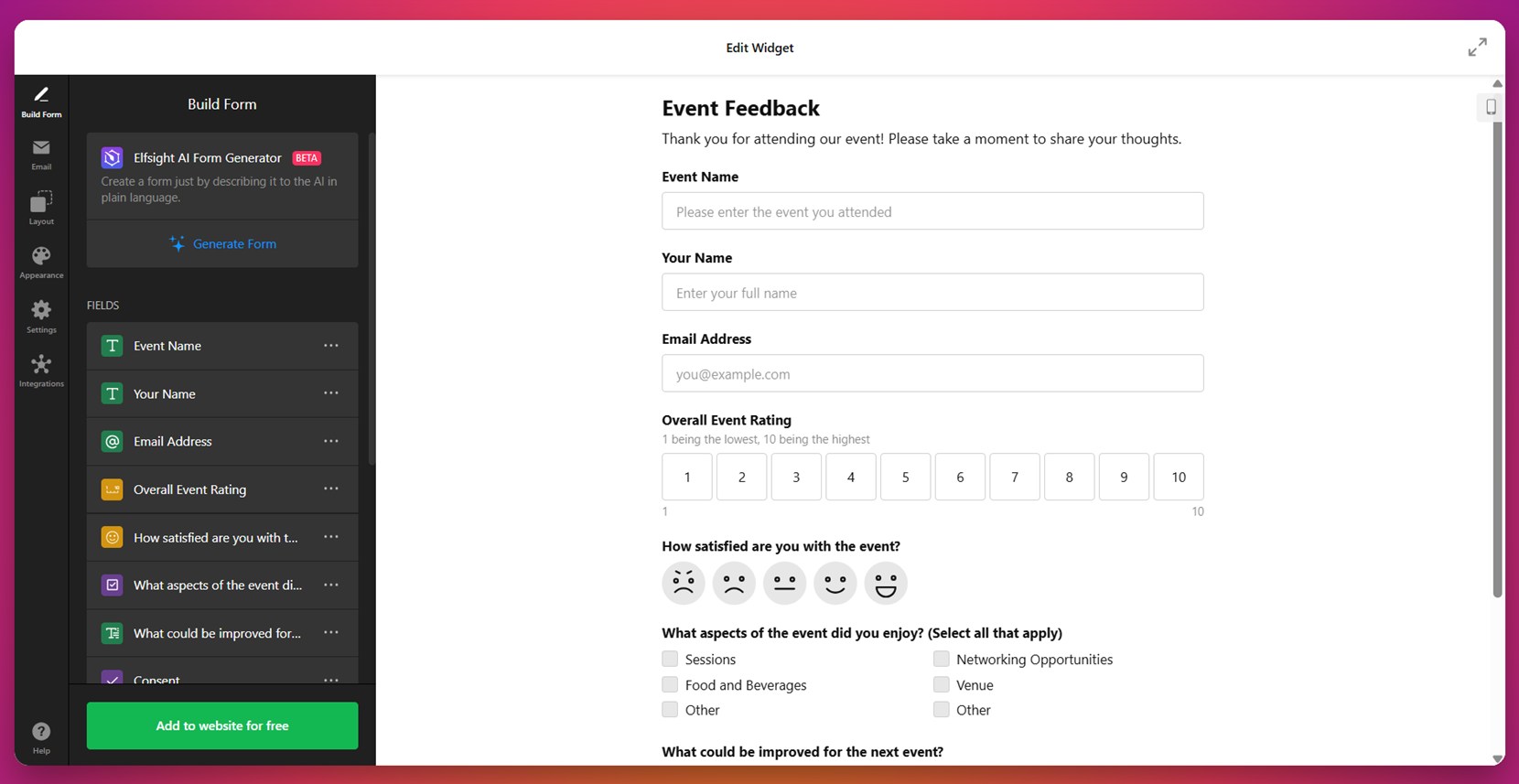 Online form example for feedback