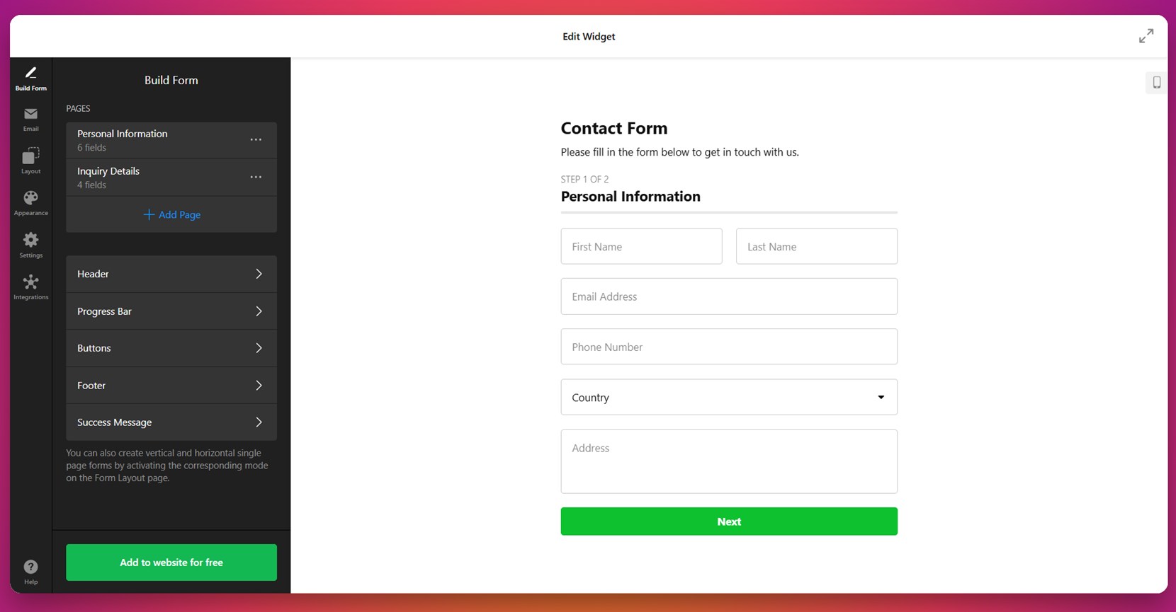 Custom website form example