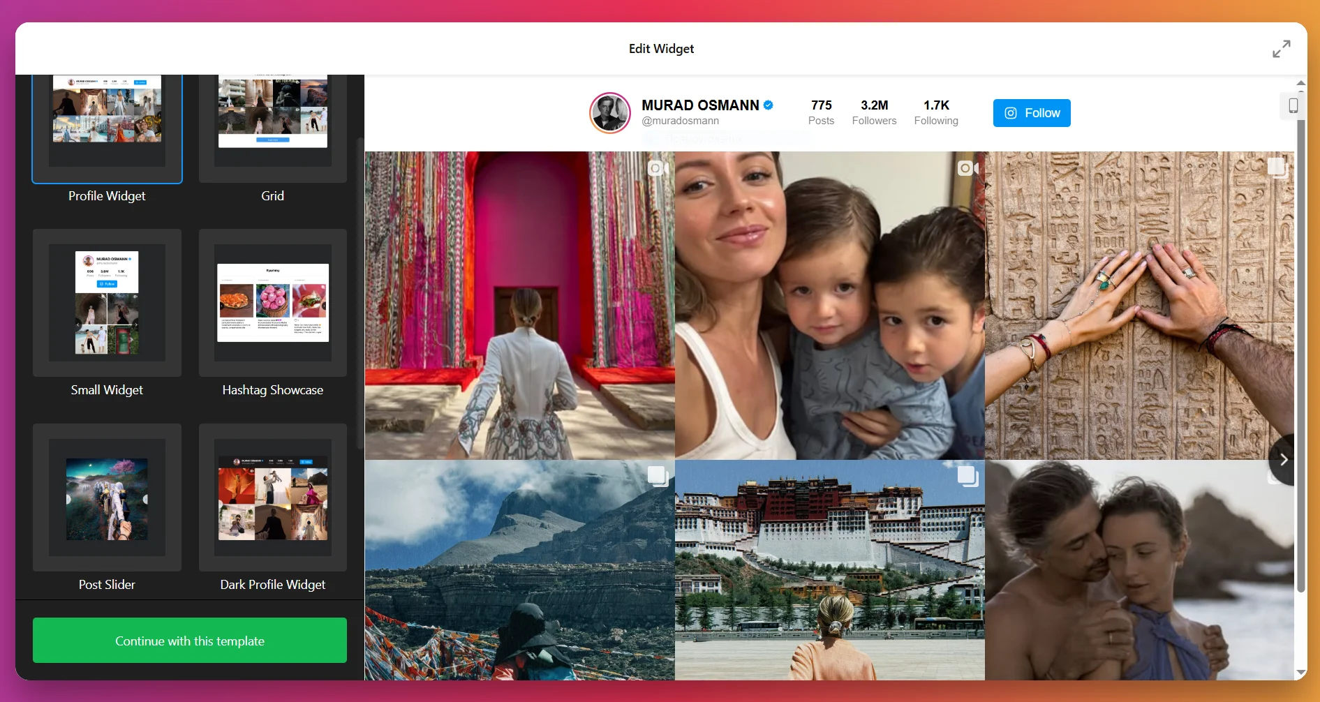 Choose a template for instagram feed