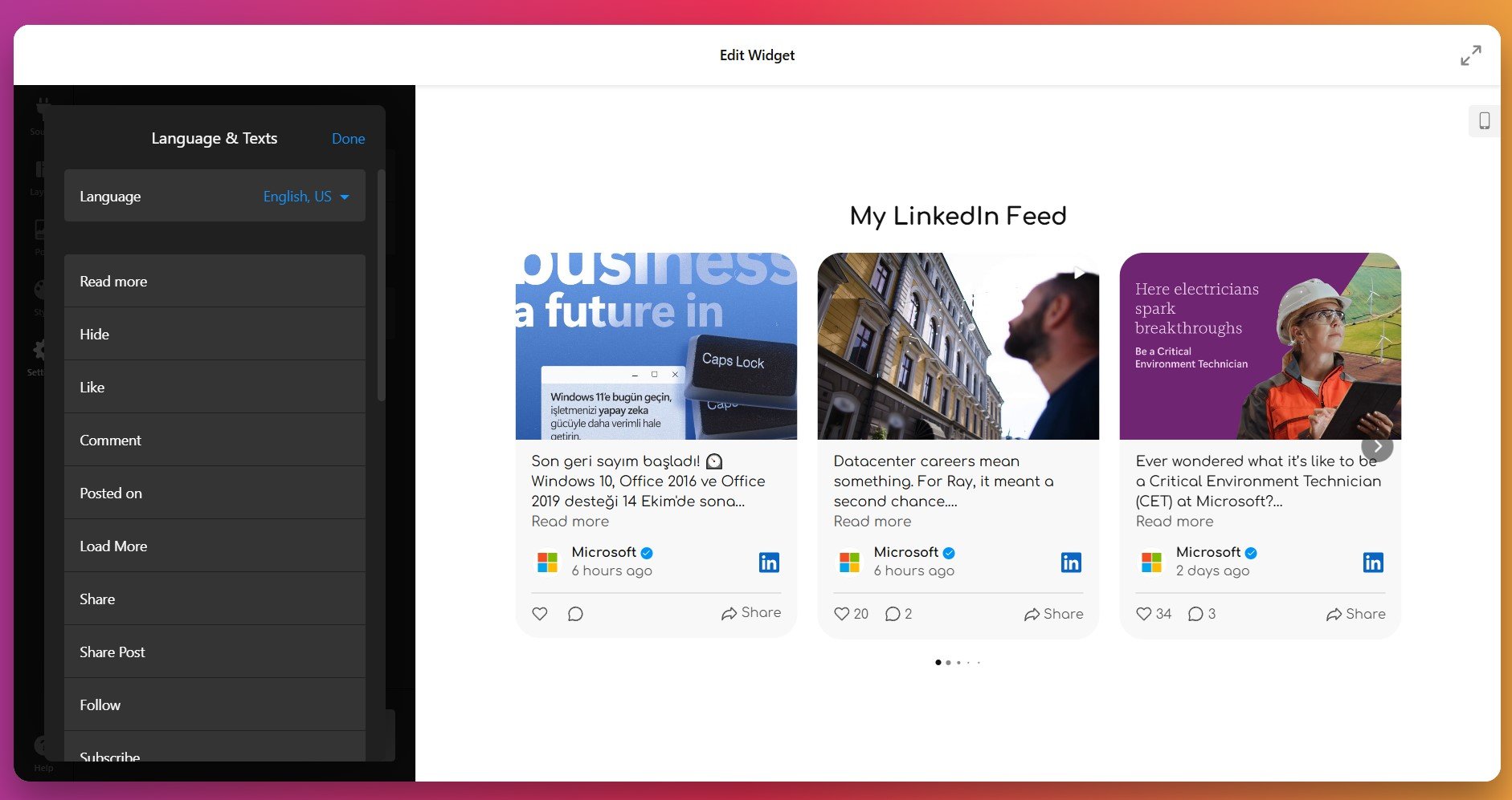 LinkedIn widget settings: language, lazy load, filters