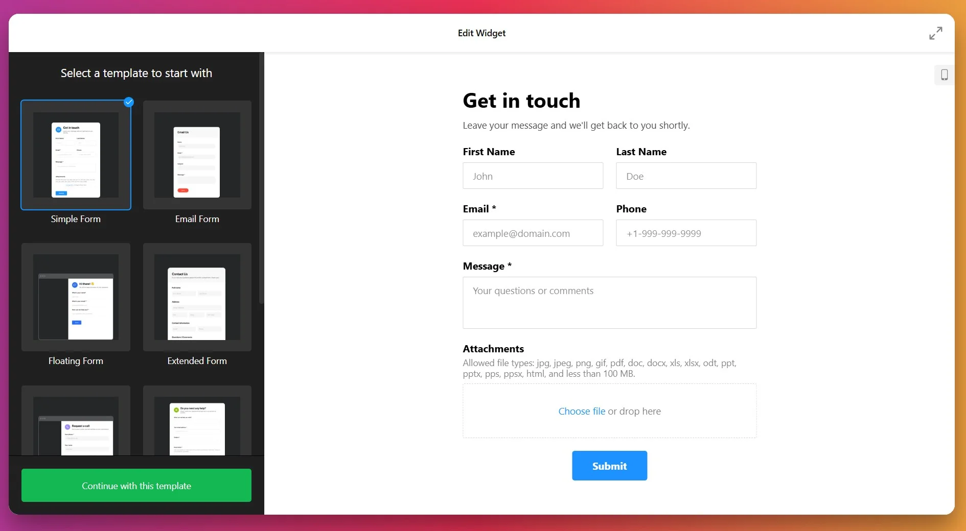 Choose Contact Form template