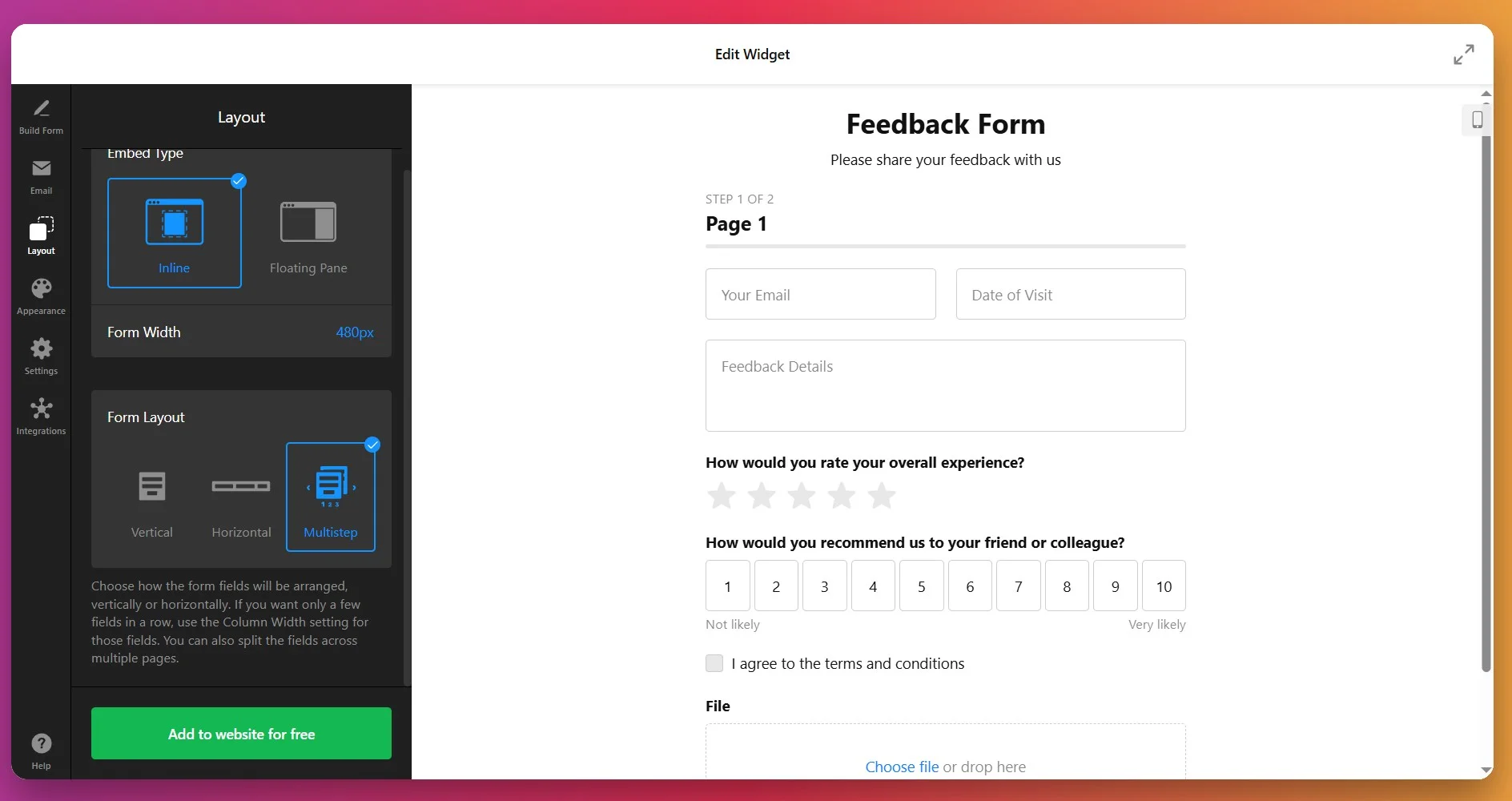 Select the layout for the form