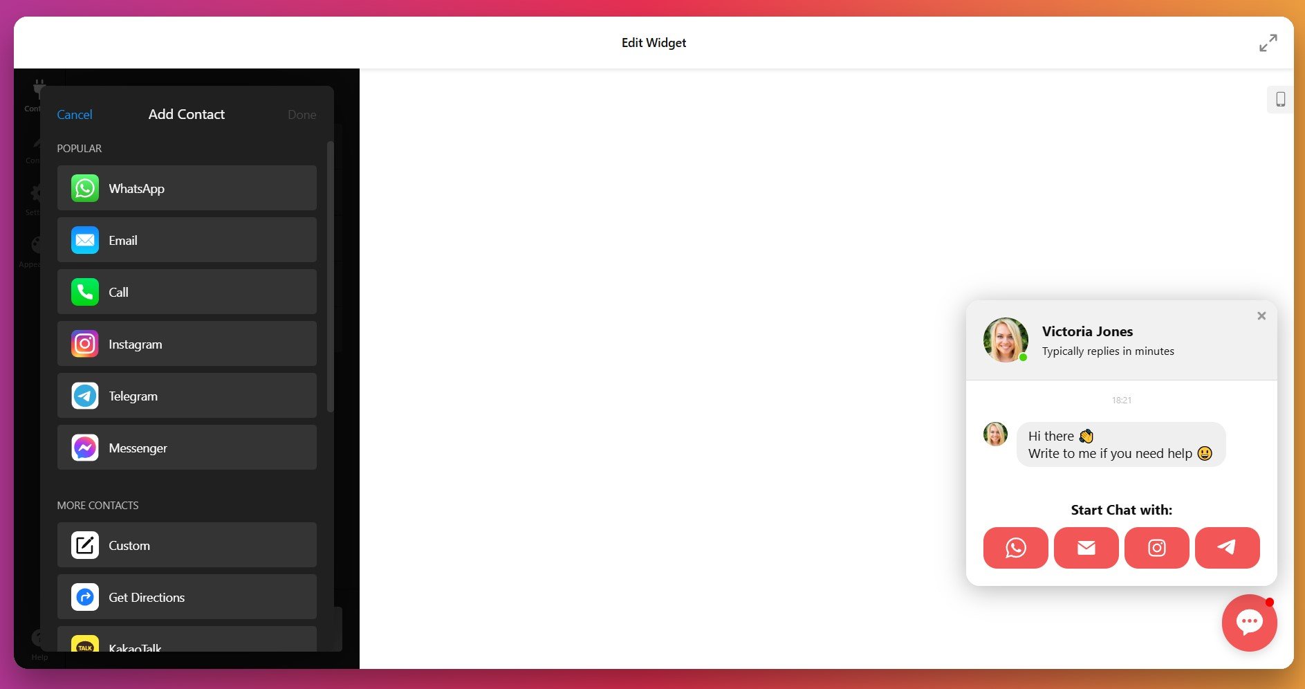 Connect messaging channels to the widget
