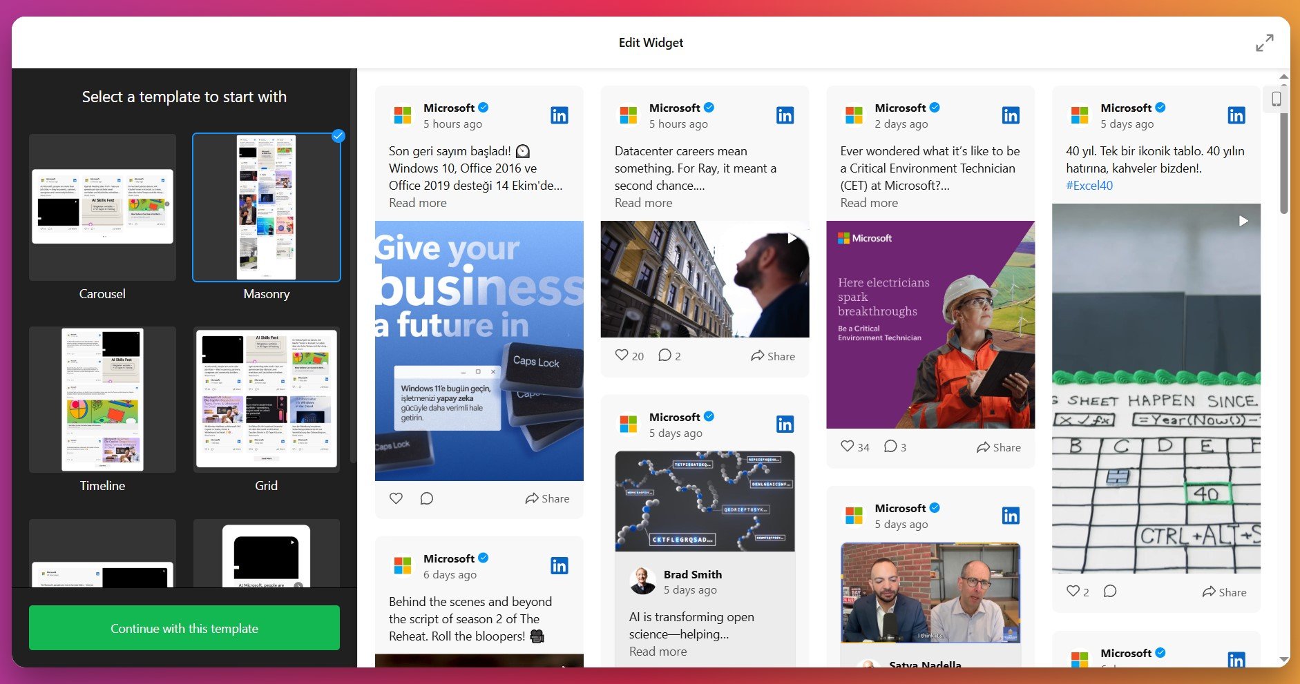 Choose a template for the LinkedIn feed