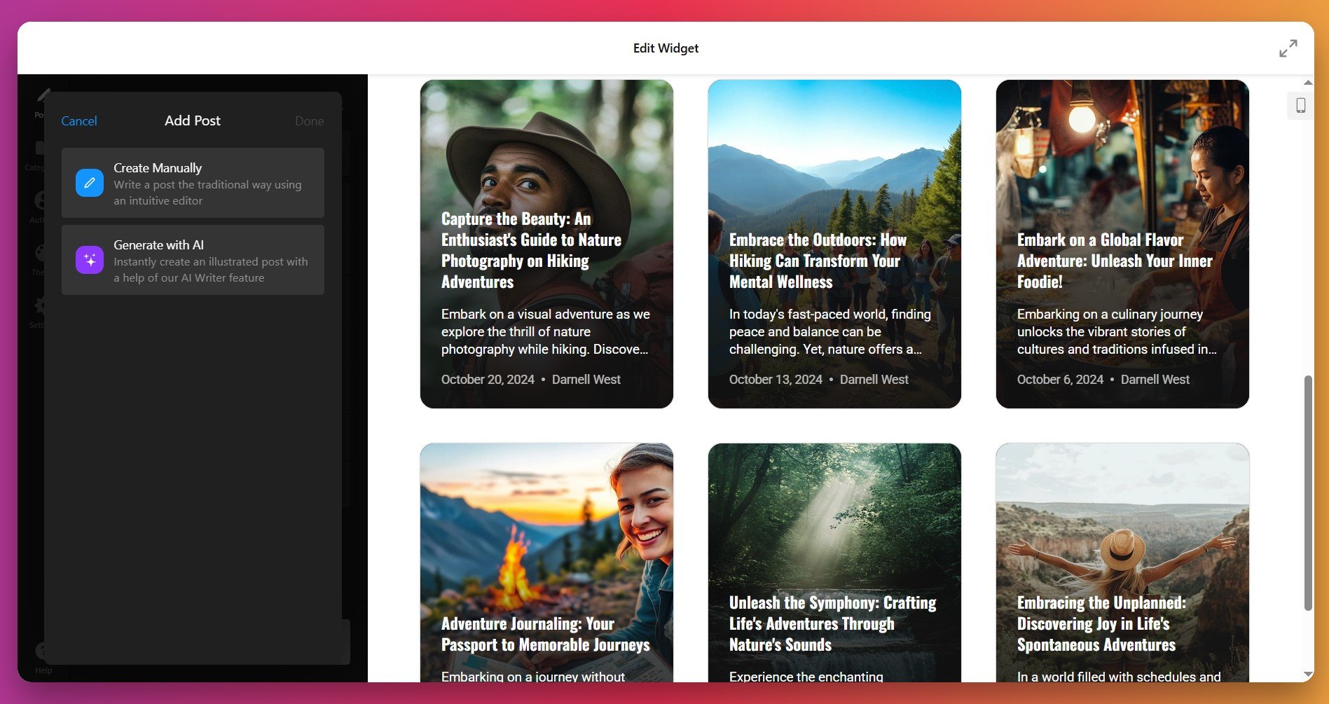 Create blog posts with AI or manual editor on your website