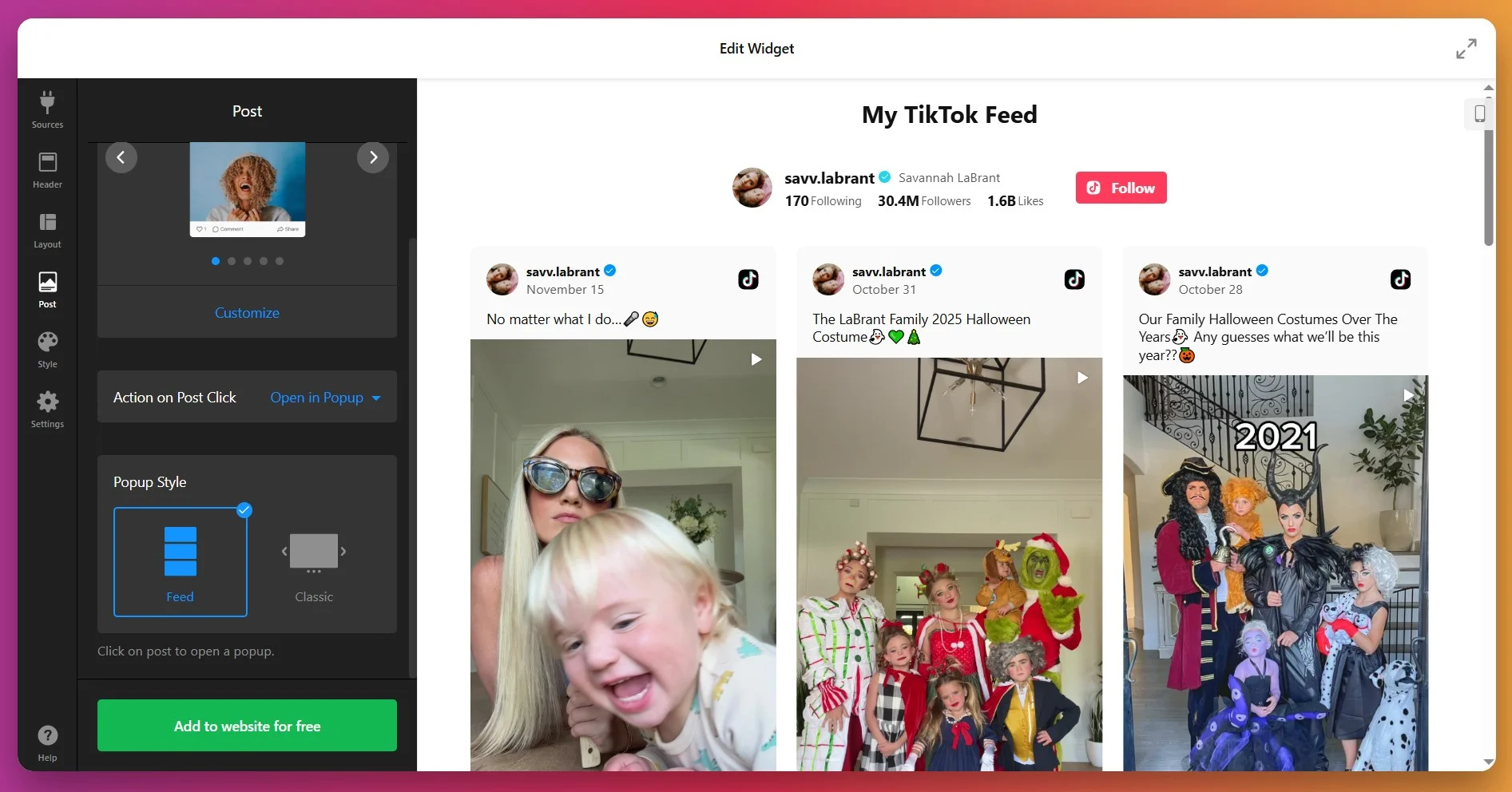 Choose Post Display Type for TikTok Feed