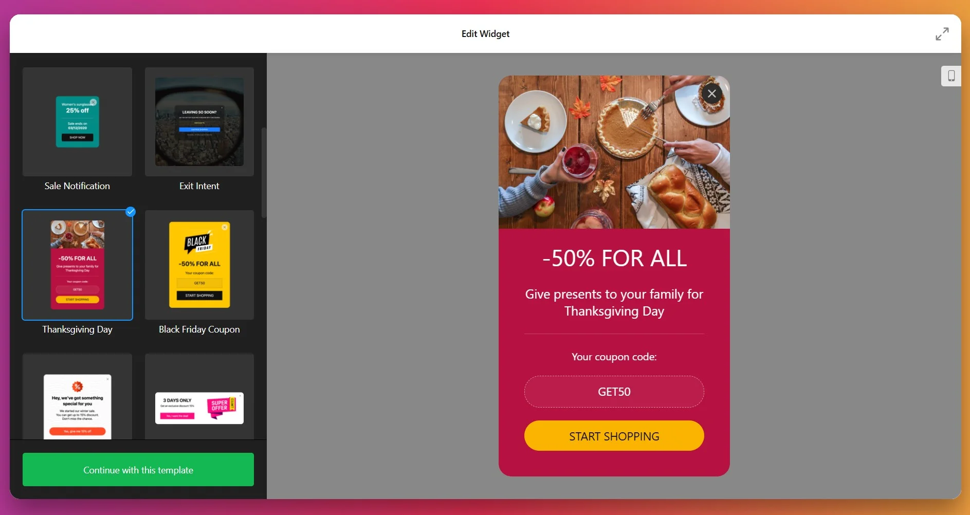 Choose Popup template