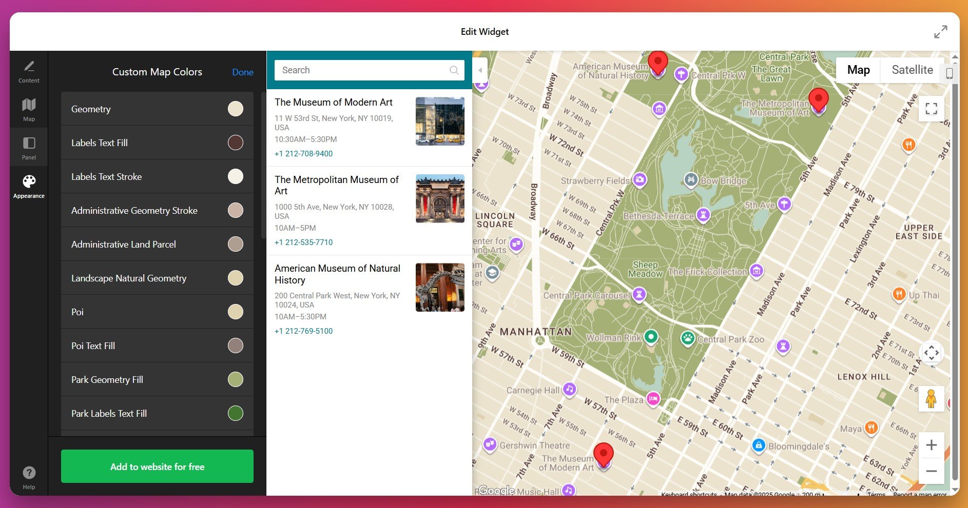 Customize Google Maps widget styling and appearance
