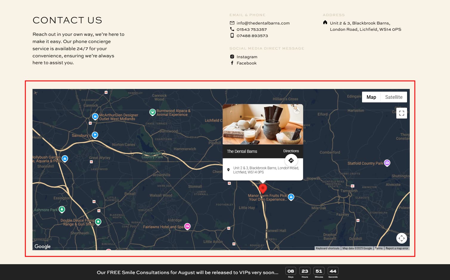Dental Barns practice location map with contact information