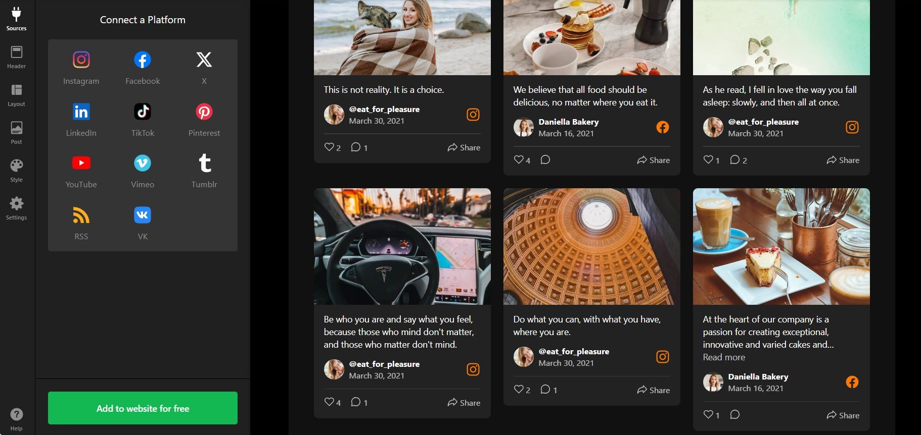 Connect your social media accounts to the widget