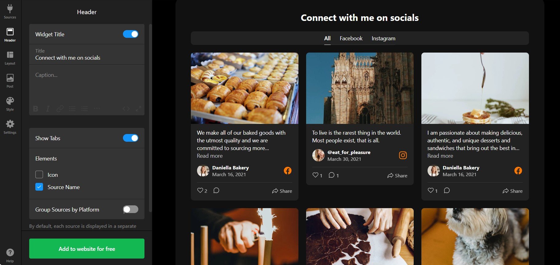 Configure header elements and follow button