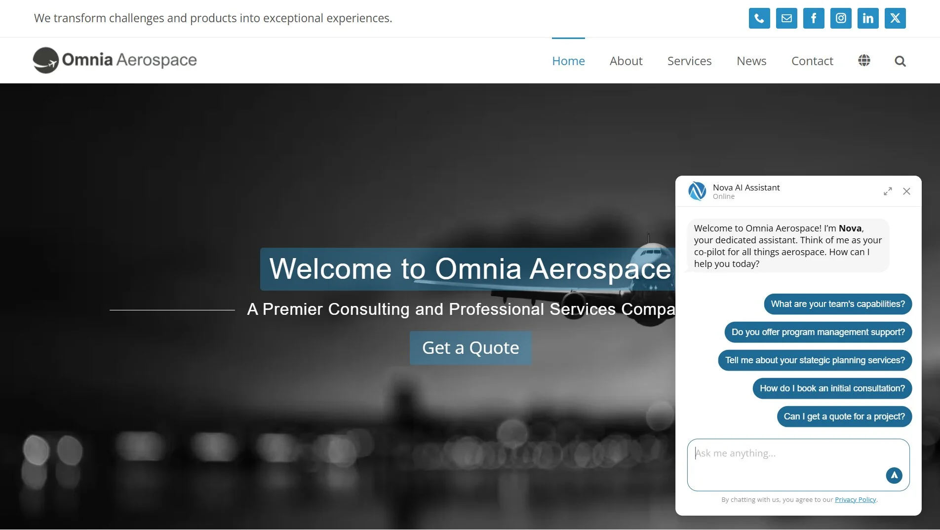 Omnia Aerospace uses Elfsight's AI Chatbot