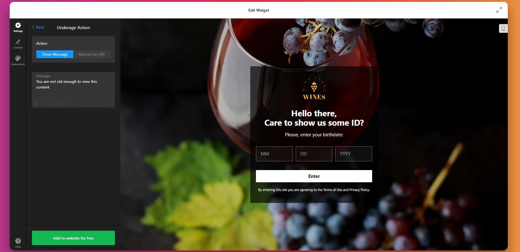 How to add Age Verificatiion: set underage action