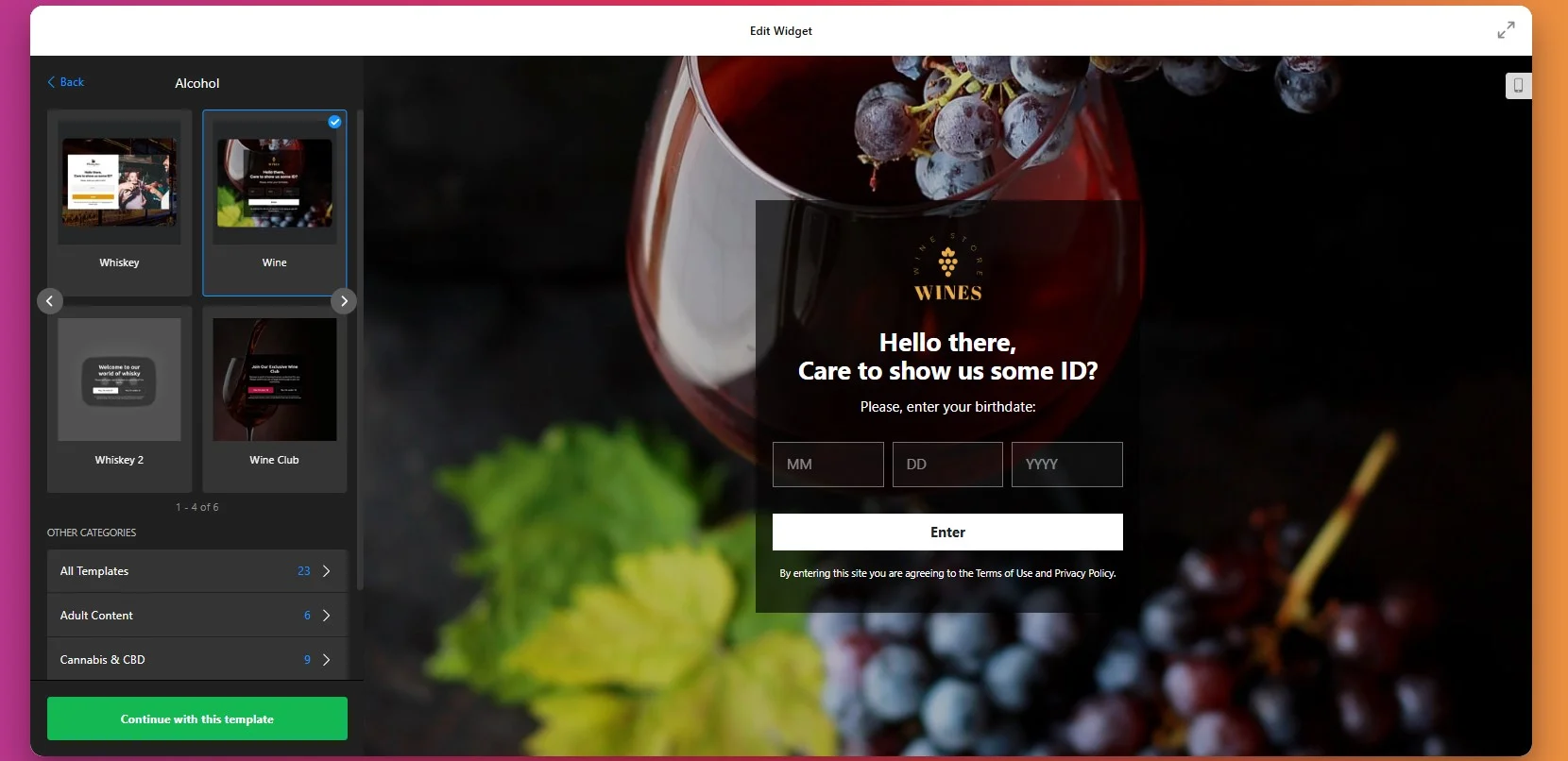 How to add Age Verificatiion: select a template