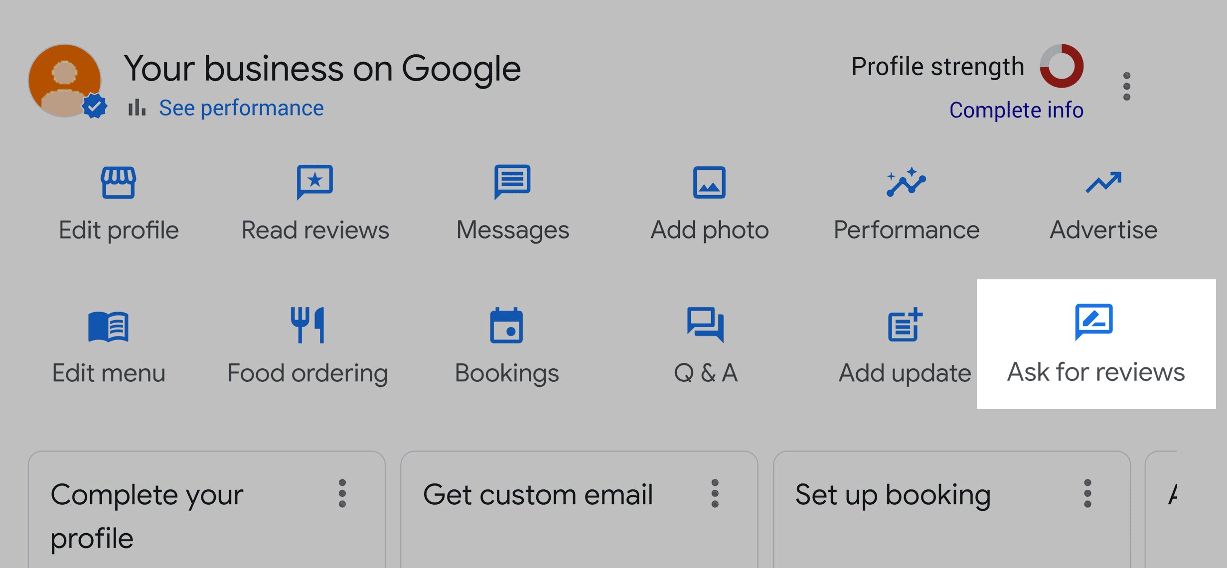 Ask for Reviews button in Google Business Profile dashboard