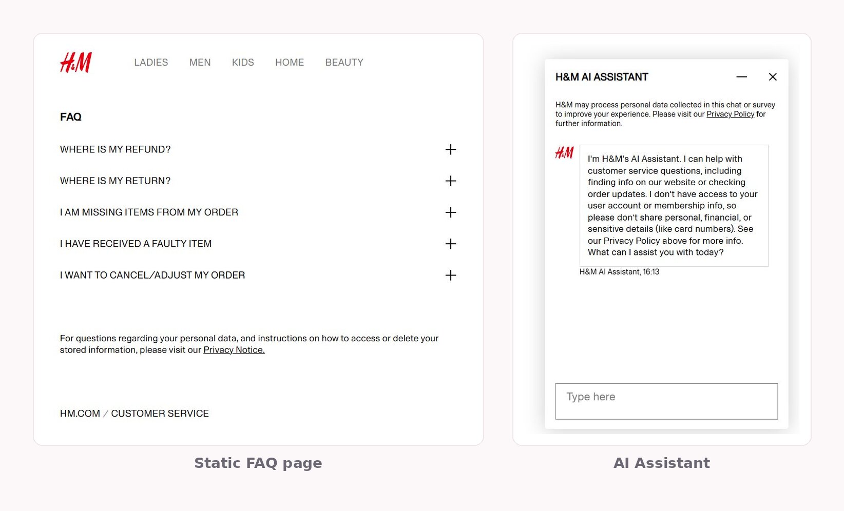 H&M FAQ chatbot example