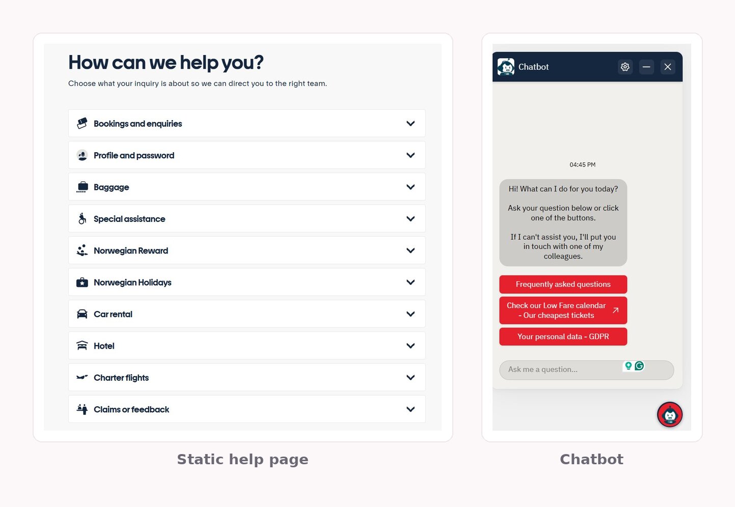 Norwegian Airlines FAQ chatbot example